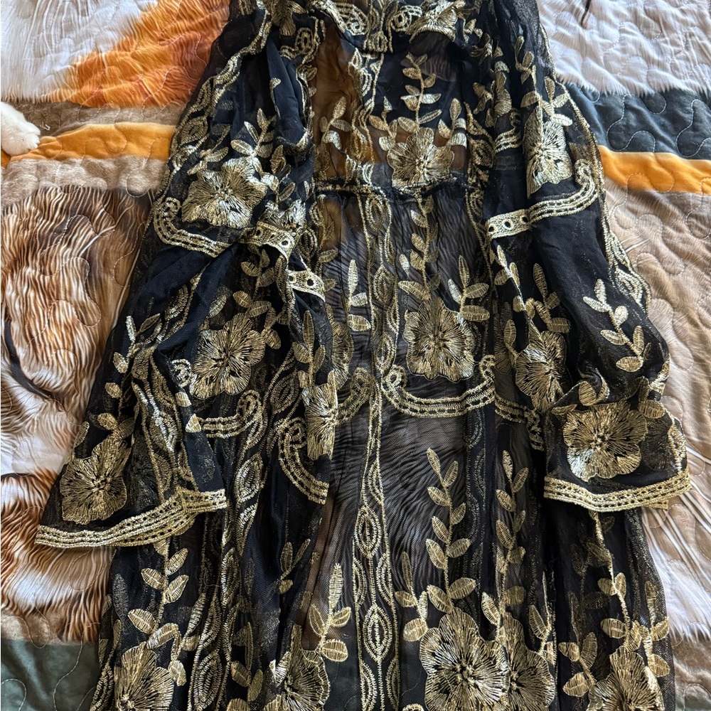 Elegant Black and Gold Embroidered Women's swim coverup